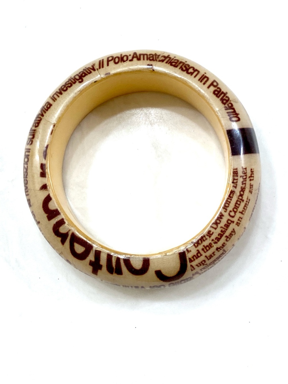 Vintage Cream Resin Bangle with Brown Newspaper Print Detailing - Picture 2 of 5